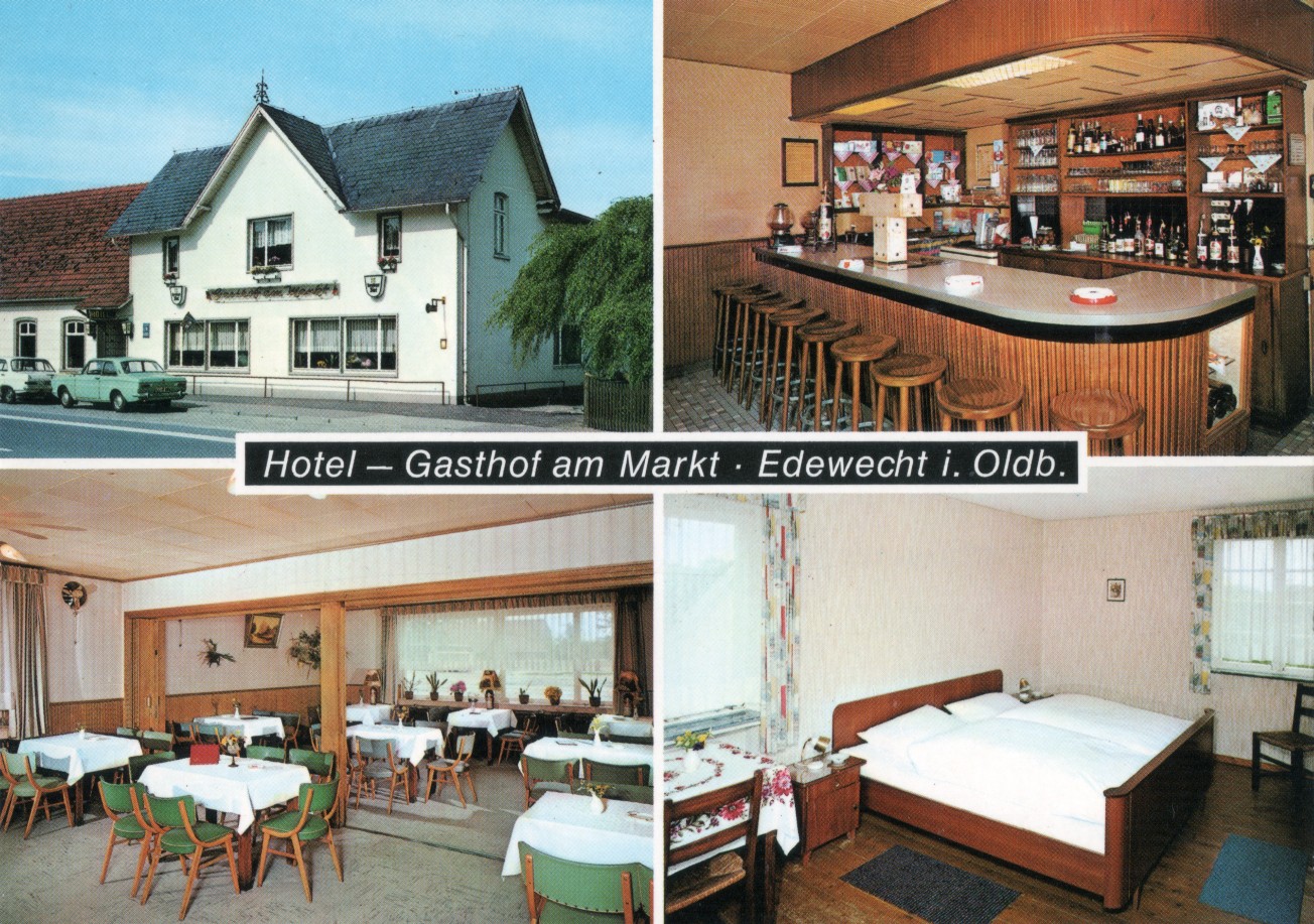 1959: Um 1960 Postkarte vom Gasthof am Markt in Edewecht (heute Schützenhof) mit Außenansicht, Thekenbereich, Blick auf den Gastraum mit Saal und in ein Hotelzimmer.
